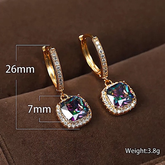Gold Princess Cut Mystic Rainbow Multicolor Stone Earrings - Picture 4 of 4